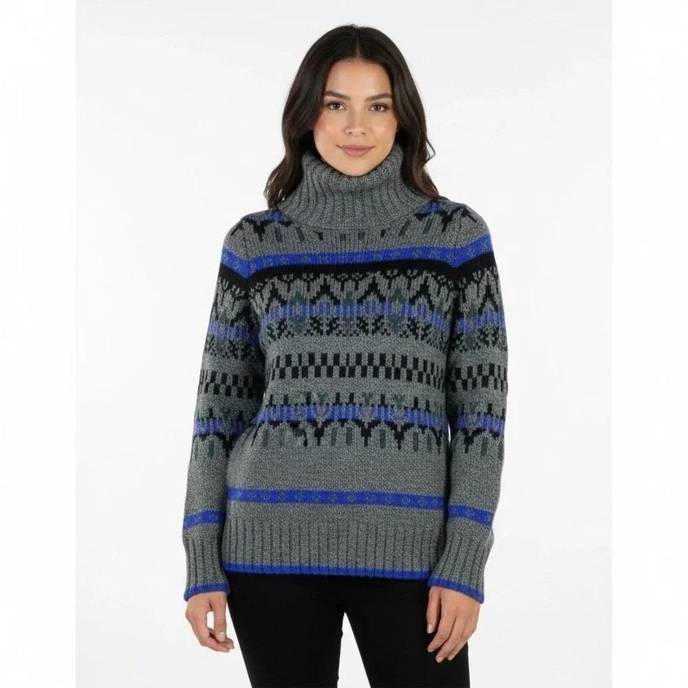 Madewell Fair Isle Geometric Turtleneck Sweater Grey Blue Merino Wool Size S